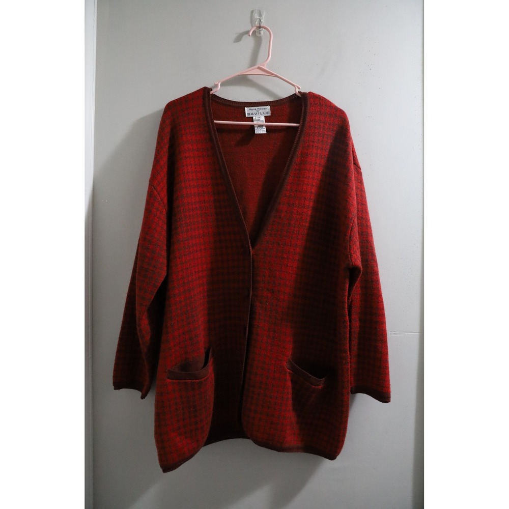 Rena Rowan Saville Red Houndstooth Lambswool Blend Cardigan Sweater Womens 2X‎